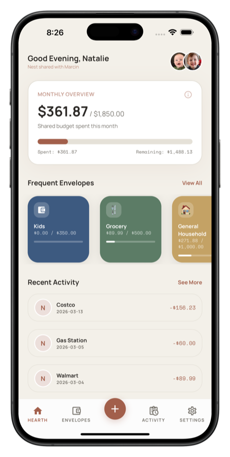 Hearth dashboard showing envelope budgets