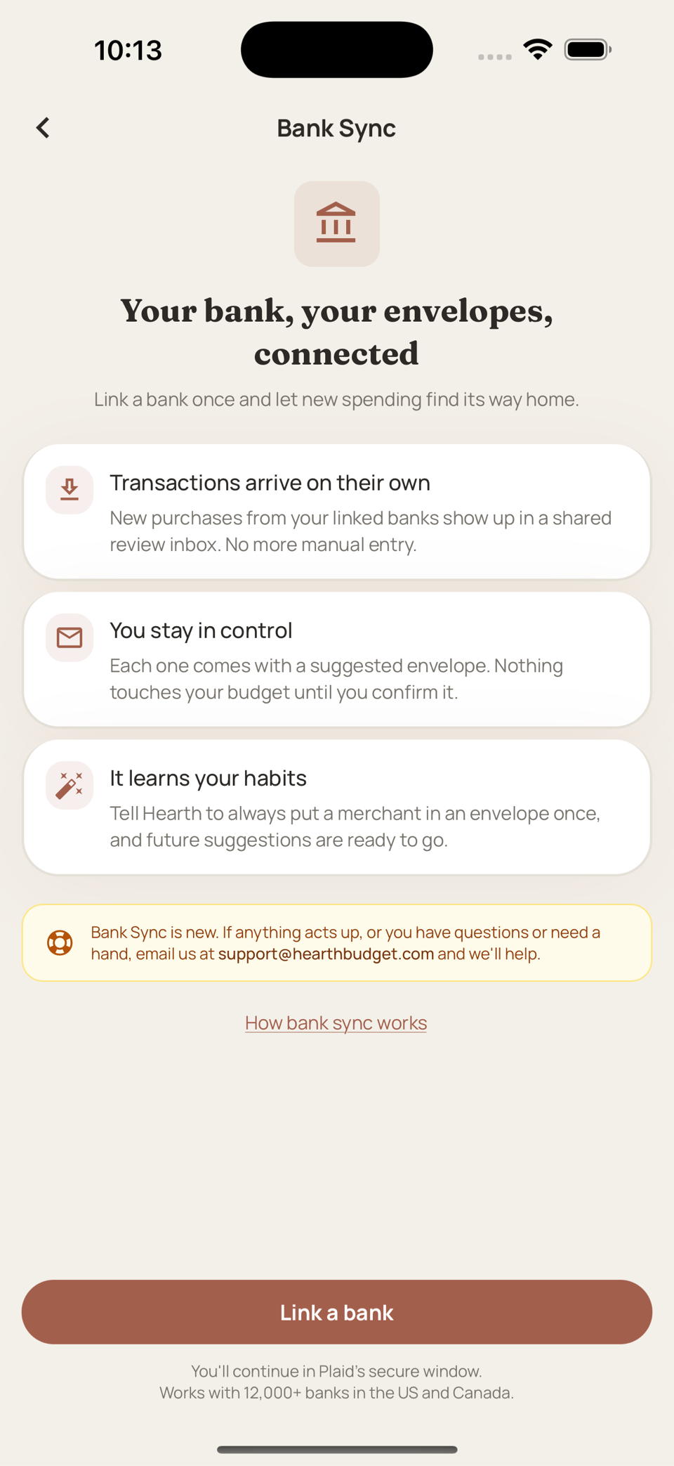 The bank sync intro screen in Hearth