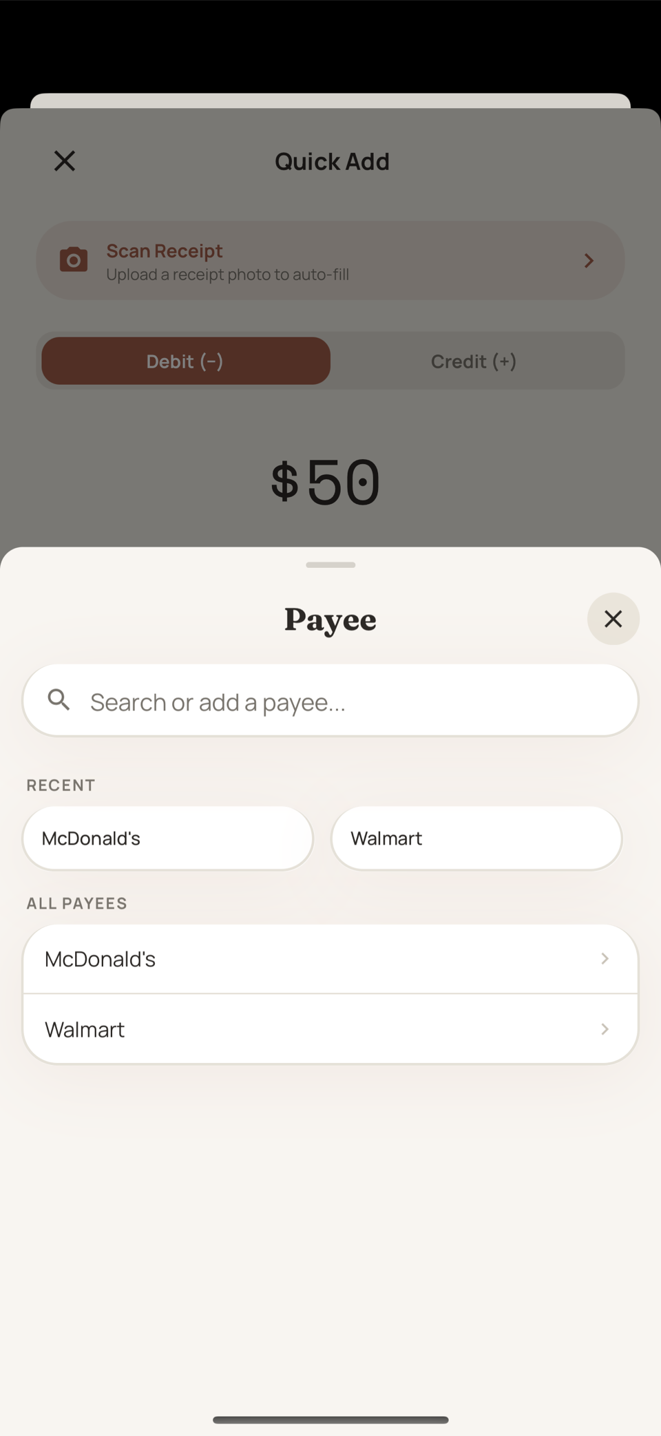 Picking a payee in Quick Add